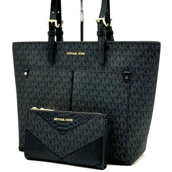 Michael Kors Jet Set Medium Pocket Tote Bag & Double Zip Wallet Black Multi
